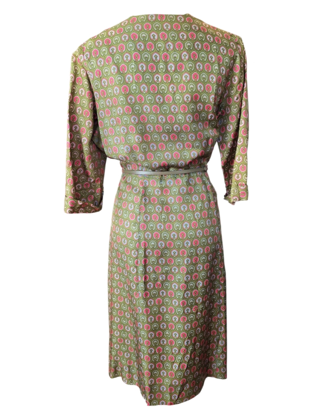 Vintage 1950s Korell Printed Day Dress Olive Pink Novelty Print Womens Size XL - Picture 5 of 15